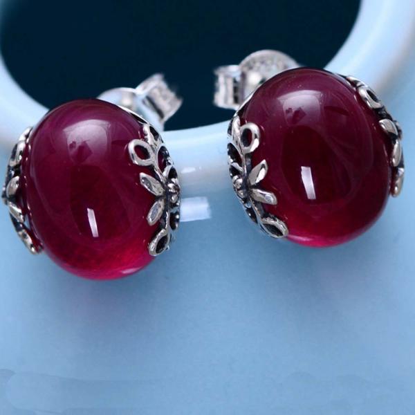 Sterling Silver Retro Style Oval Synthetic Ruby Stud Earrings (046690)