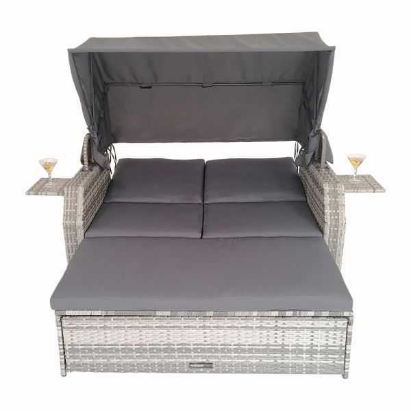 Leisure Outdoor Rattan Double Sun Bed Rattan Wicker Chaise Lounge Daybed With Canopy
