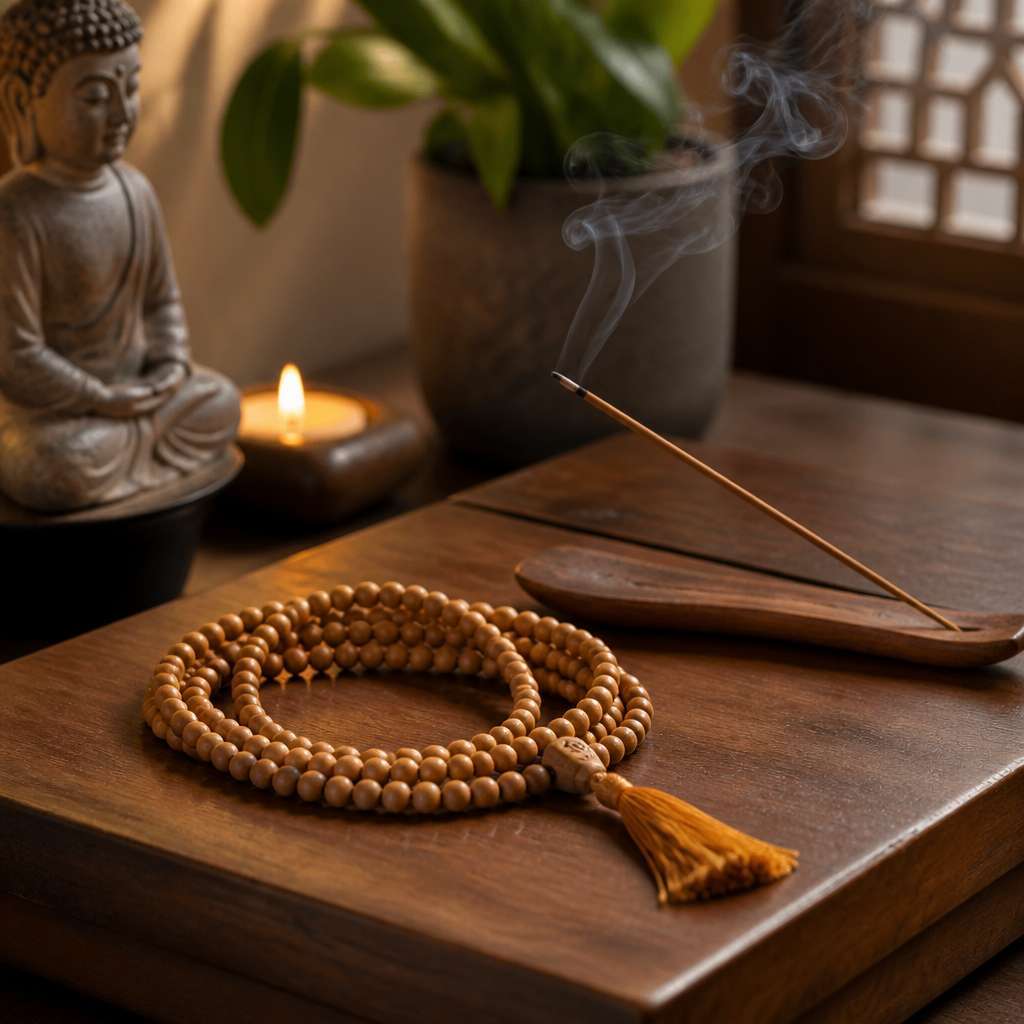 Genuine Indian Sandalwood Taoist Bracelet 108 Beads Mala with Sweet Creamy Fragrance for Meditation