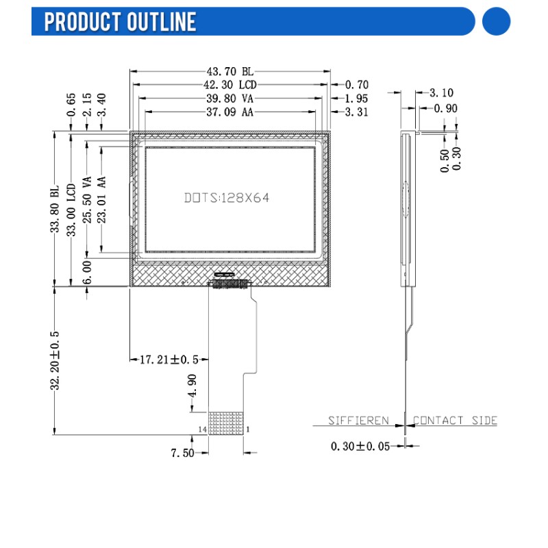 COG12864-18-01 Blue Film 43.7x33.8MM Lightweight Small FSTN14 Pin 4-Wire SPI ST7567A