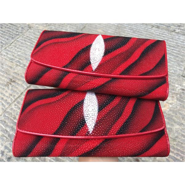 Authentic Stingray Skin Female Long Trifold Wallet Coin Case Genuine Leather Women Large Red Clutch Purse Lady Money Bag