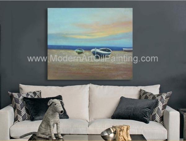 Navio decorativo moderno da pintura a óleo dos barcos no acrílico e na pintura a óleo da praia