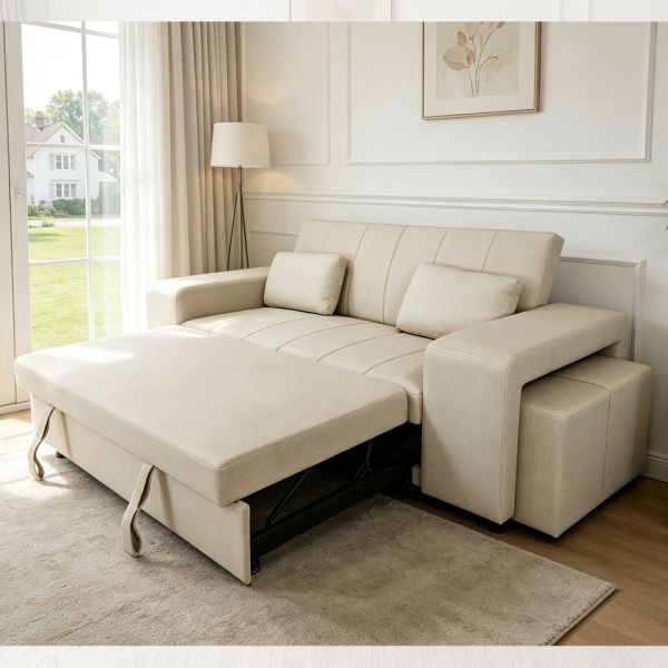Queen Size Convertible Sleeper Sofa Bed, Comfortable Pull-Out Bed with Adjustable Backrest, Arm with Ottomans, Beige Tech Leather