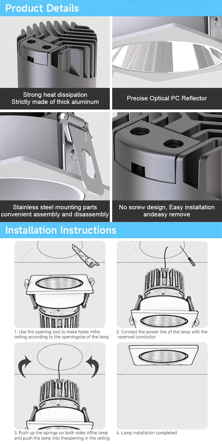 IP20 IP40 Office White Downlights, Square LED Down Light with Dali-2, Triac & 0-10V Multi Dimming Control, Factory Price Commercial Bathroom Spot Light
