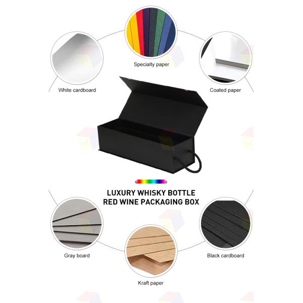 Vente en gros de papier noir personnalisé de luxe en carton pliable magnétique Boîte cadeau à vin Emballage en bouteille unique