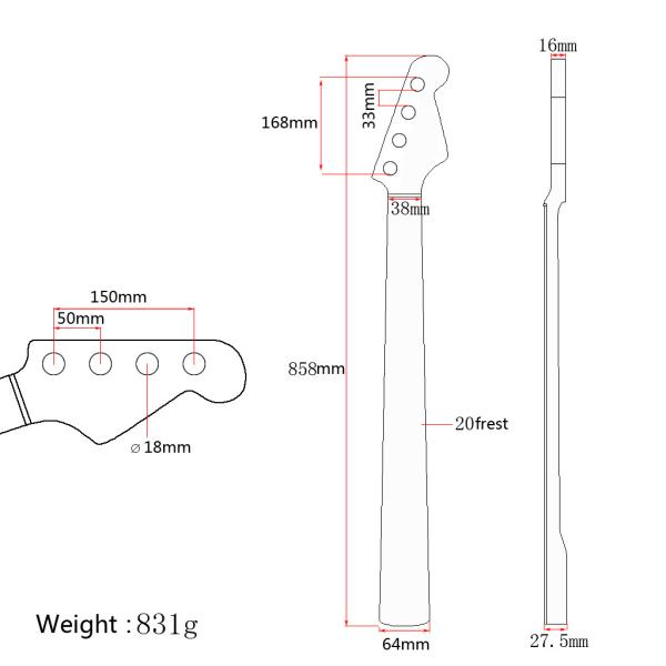 Guitarra Elétrica Bass Neck Gloss Finish 20 Fret Maple Wood Bass Guitar Neck Truss Rod Ajustável