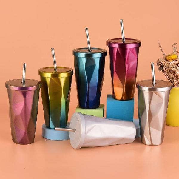 Fashionable Design 480ml Personalized Stainless Steel Mug With Straw Country Style Gradient  Irregular Stainless Steel Tea Mug For Traveling