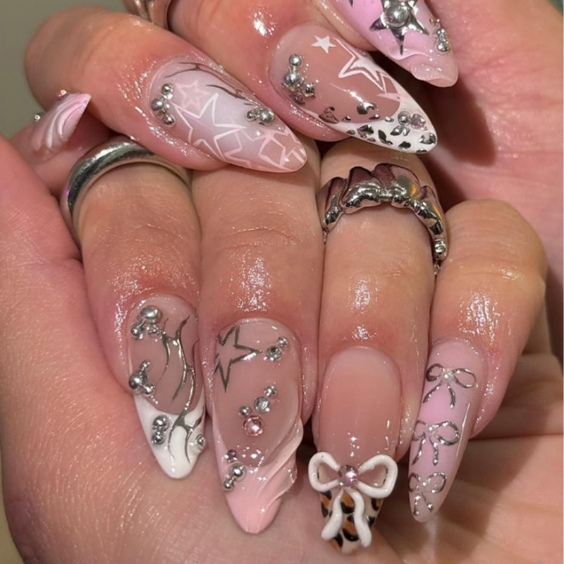 Long Almond 3D Design French Tip False Nails Glossy Rhinestone