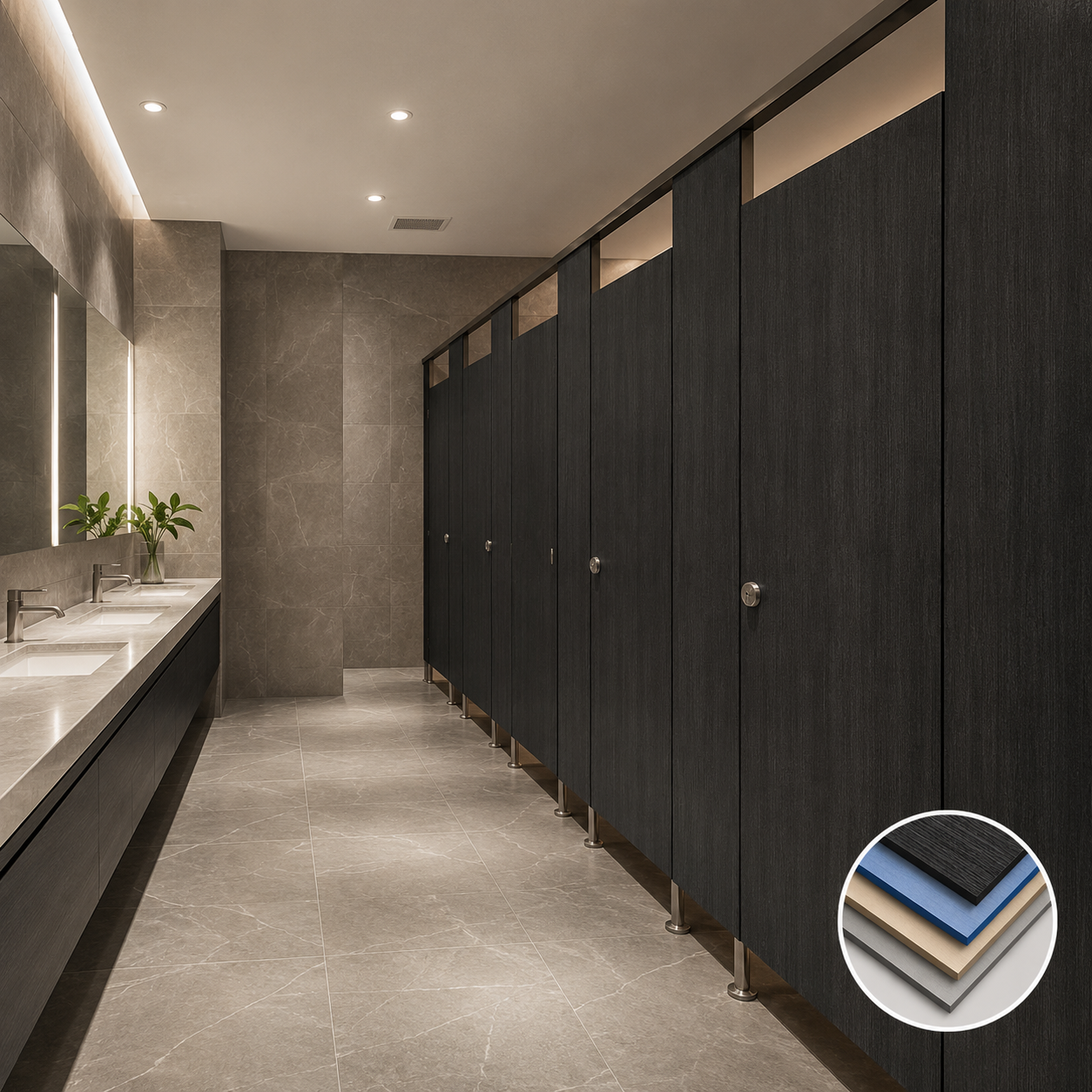 Custom Color Compact Laminate Bathroom Partition | Metal Fitting Toilet Stall