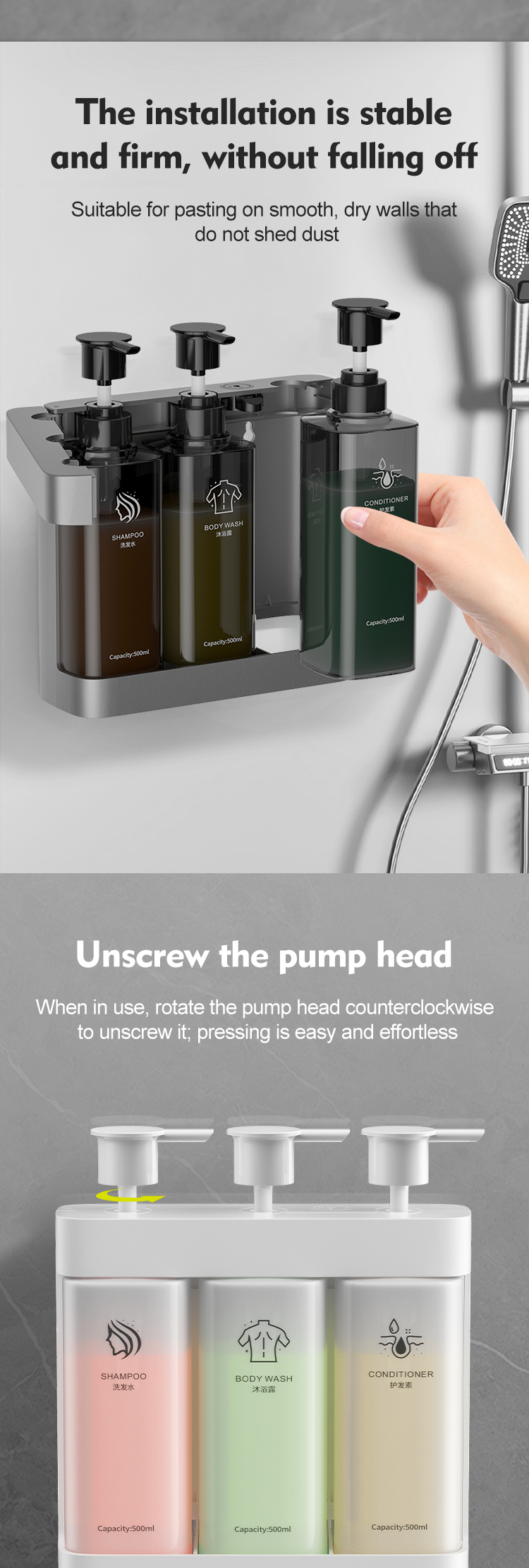 Wall Mounted Triple Pump Manual Soap Dispenser with Key Lock for Hotel Bathroom
