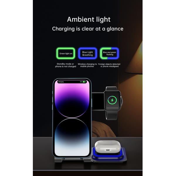 Aluminum Alloy 3 In 1 Wireless Charging Stand 15W Power Over Temperature Protection