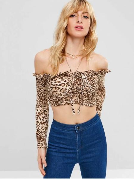 Women Frill Leopard Off Shoulder Crop T-shirt
