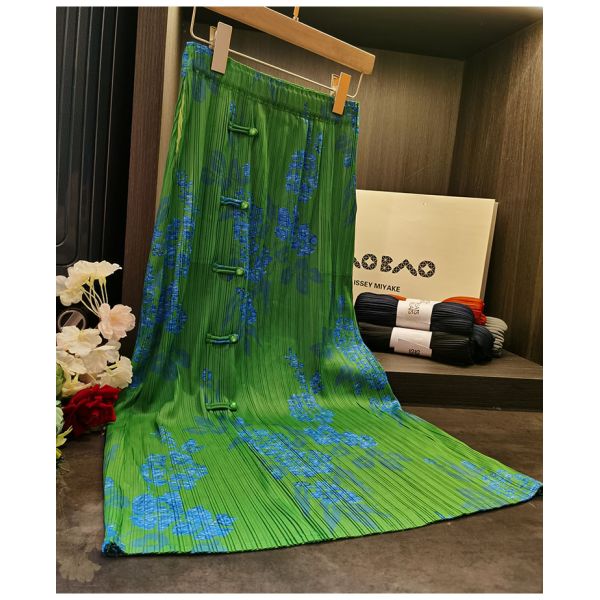 Original Design Pleated Chinese Style Disc Half Skirt 2024 Printed Pleated Skirt Wrap Slit Summer Skirt