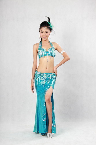 Light Blue Graceful Halter Neck Bras & Skirt for Performance Belly Dancing