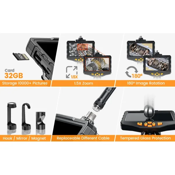 7.6mm Single Lens Industrial Endoscope IP67 Waterproof with 5 Inch IPS Screen