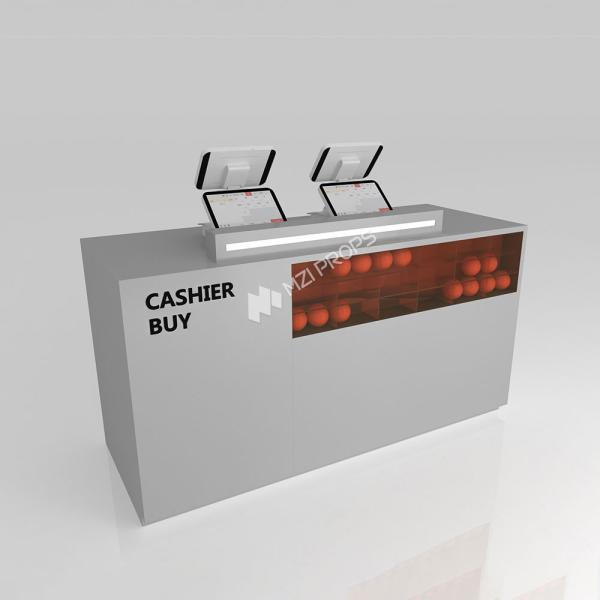 Shop Table Grey Wooden Cash Register Iron Structure Light Box For Shop Stand And Trendy Store Display