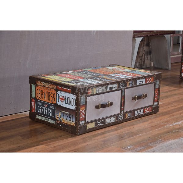 Nidea #8653 Handcrafted Durable Multi-purpose Vintage Wood Living Room Cabinet Retro License Plate Design Featuring Two Drawers