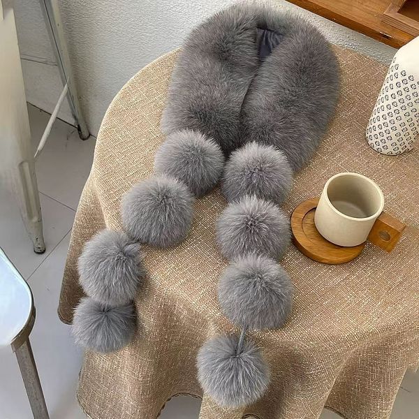 Faux Fox Fur Scarf With Pom-Poms