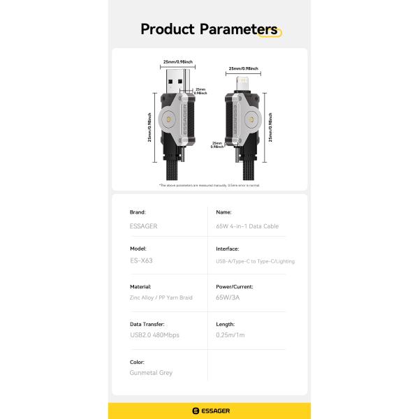 ESSAGER ES-X63 Series 4 in 1 QC PD USB A/C to USB C/L Charging Data Cable