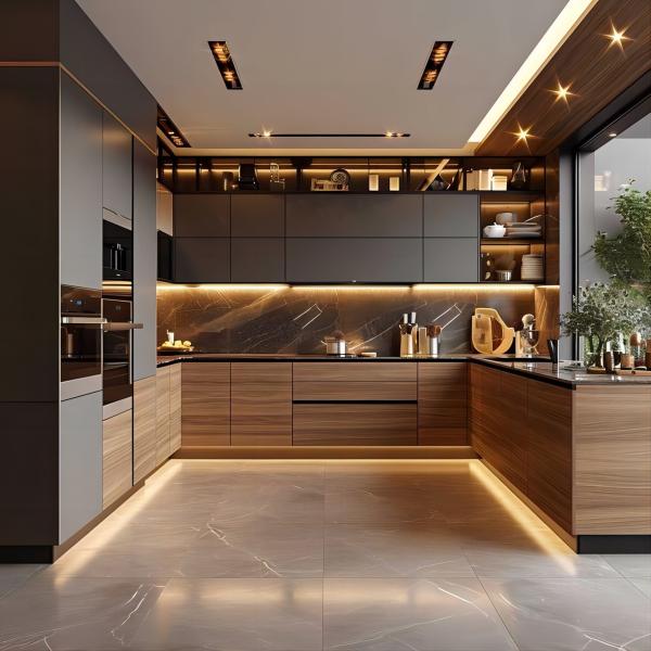 Armários de cozinha de estilo moderno em forma de L Armários de cozinha personalizados de melamina de aço inoxidável Armários de madeira Cozinha com lavatório