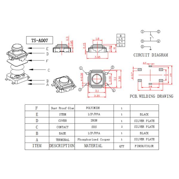 Black Push Button Low Profile Tactile Switch For High Density Mounting