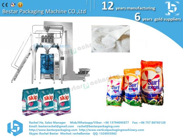 Stand pouch bag packing machine for washing powder, detergent powder, with spoon feeding