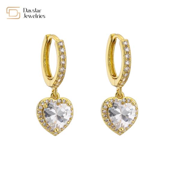 24k Gold Plated Diamond Brass Hoop Earrings , Zircon Crystal Heart Dangle Drop Earrings