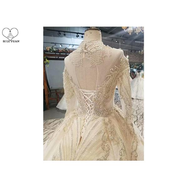 High Neck Ivory Ball Gown Wedding Dress Backless Long Sleeve Gold Beading