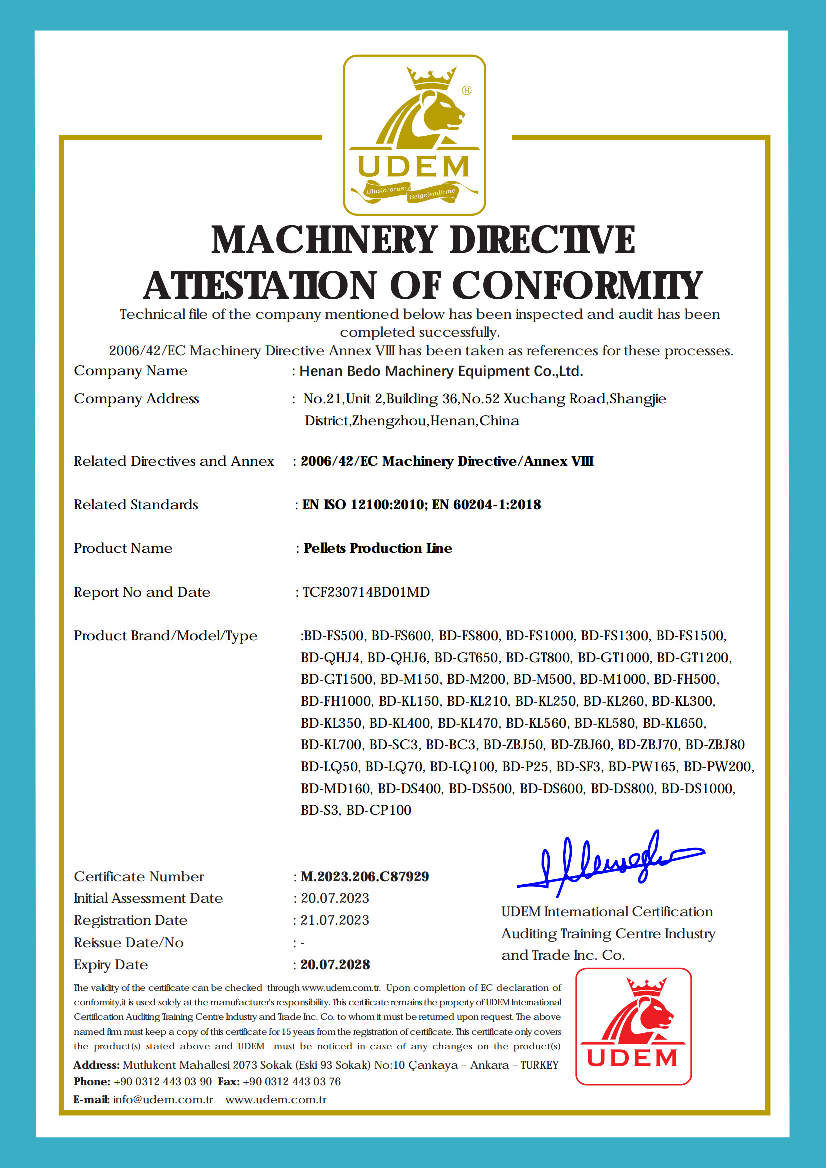 Henan Bedo Machinery Equipment Co.,LTD Сертификации
