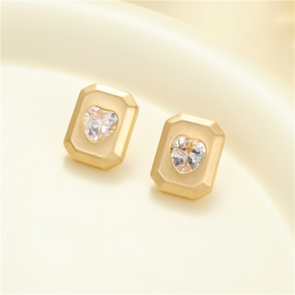 Wholesale Korean Style Trendy Brushed Effect Brass Square Heart CZ Stud Earrings High Quality Gold Silver Plating for Women