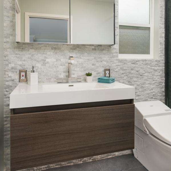 Wall Mounted Melamine Bathroom Vanity Cabinet Handless Modern Waterproof Dark Wooden