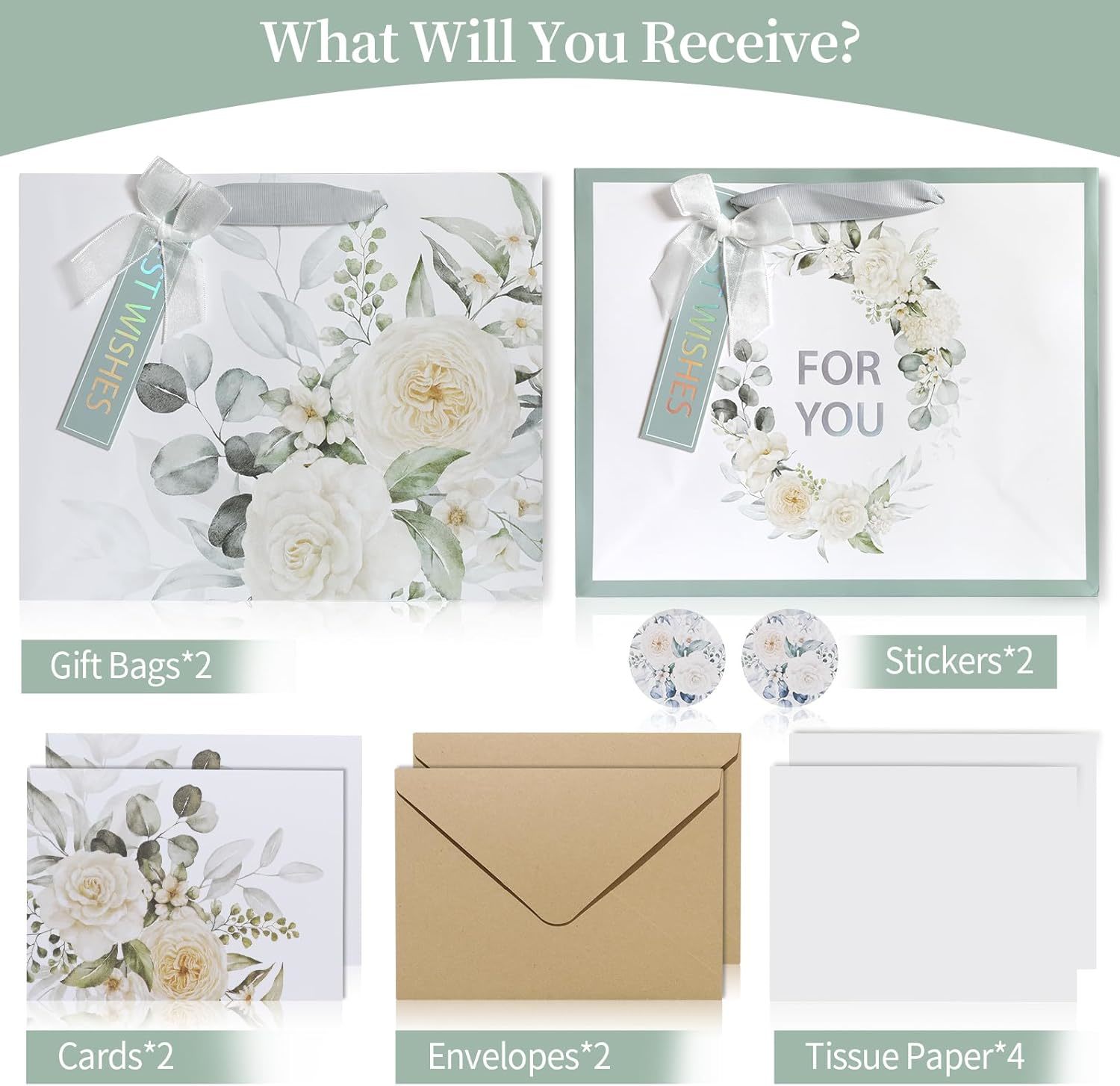Floral Gift Bag Set With Ribbon Handles And Greeting Card For Luxury Retail Packaging