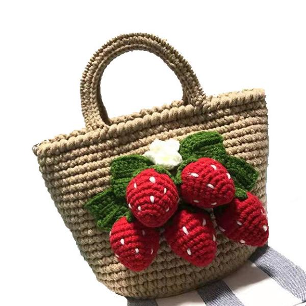 Brown Wool Hand Woven Bags 3D Strawberry For Girls 13cm×14cm