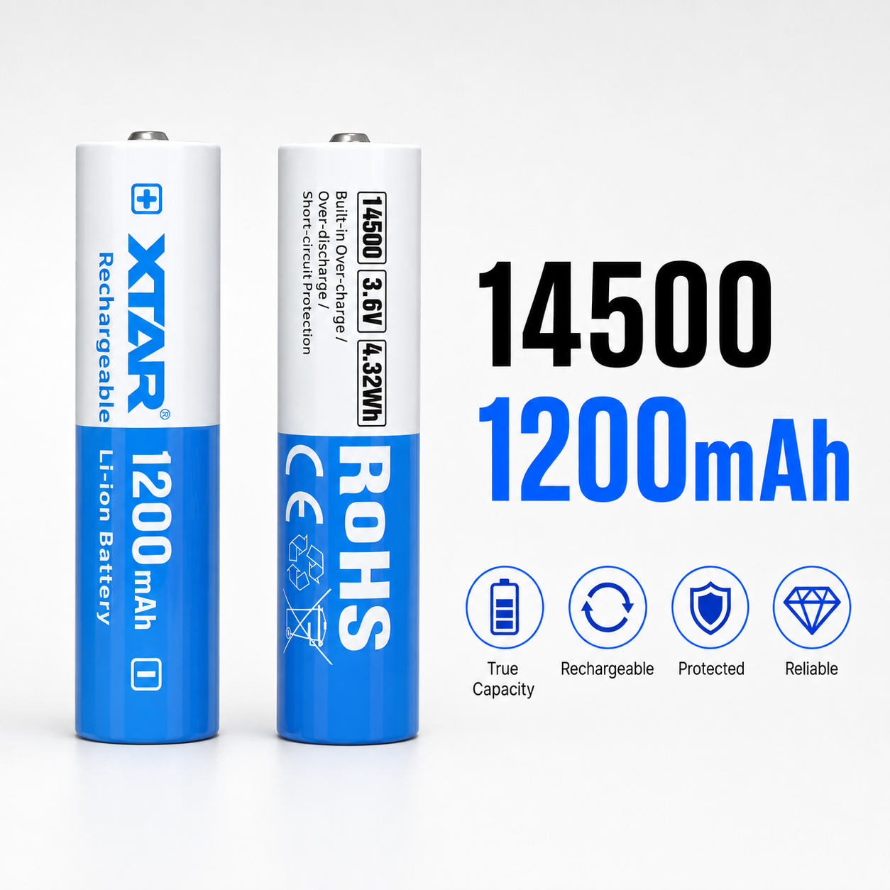 XTAR 14500 Audio Batteries with 1200mAh Capacity, 2.5A Discharge, and 500+