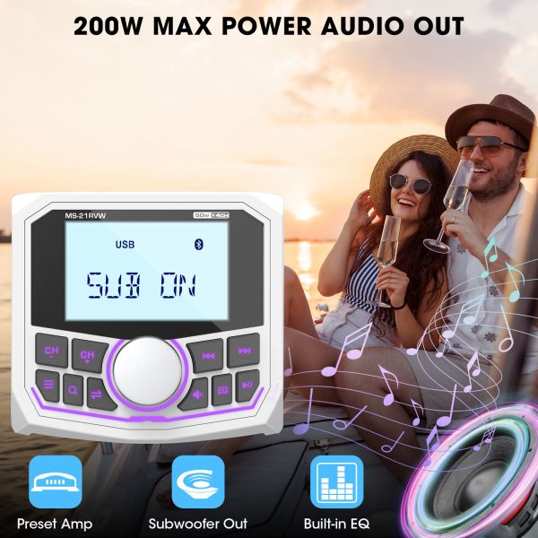 Waterproof Bluetooth Radio Marine Stereo FM AM Digital Media Audio Player+2 Pairs 4 inch Stereo Speakers For ATV UTV Golf Cart Tractor