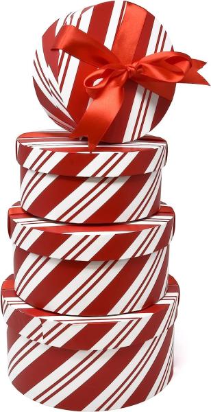 Craft Christmas Round Nesting Gift Boxes With Lids 4 Pack Red And White For Candy Cookie