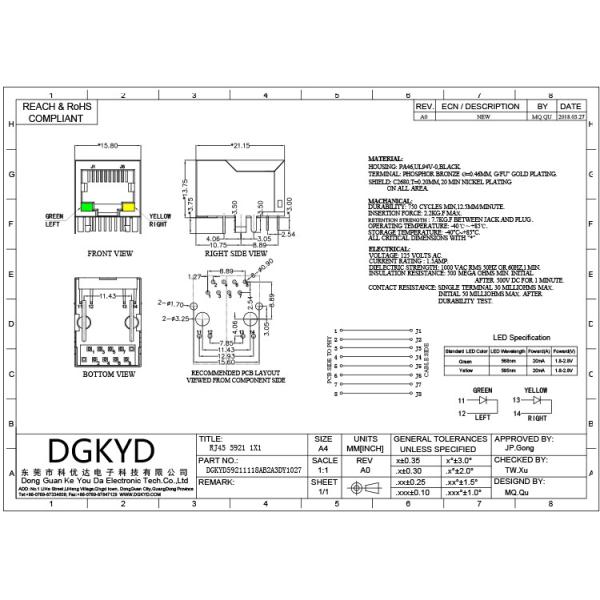 DGKYD59211118AB2A3DY1027 PA46 корпус 8P10C 21.15 мм RJ45 модульный разъем с светодиодом