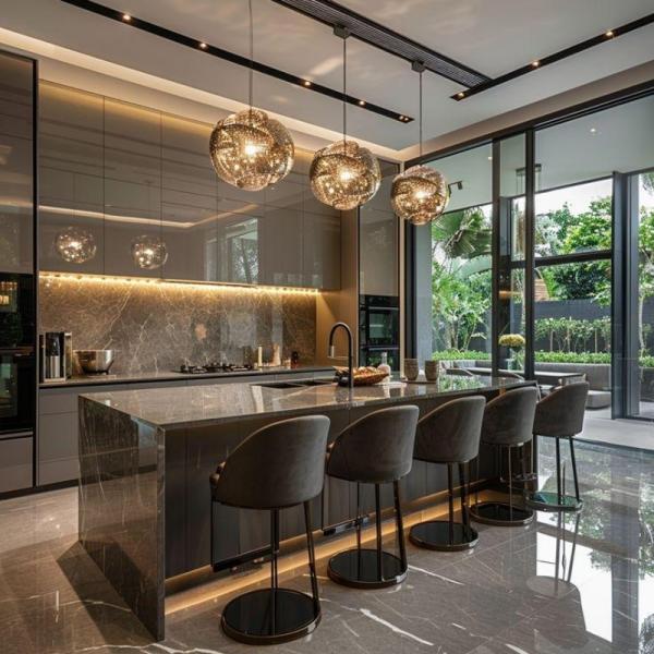 Custom Design Stainless Steel Island Kitchen Cabinets Solid Wood Carcass Kitchen Furniture Cupboards With LED Light
