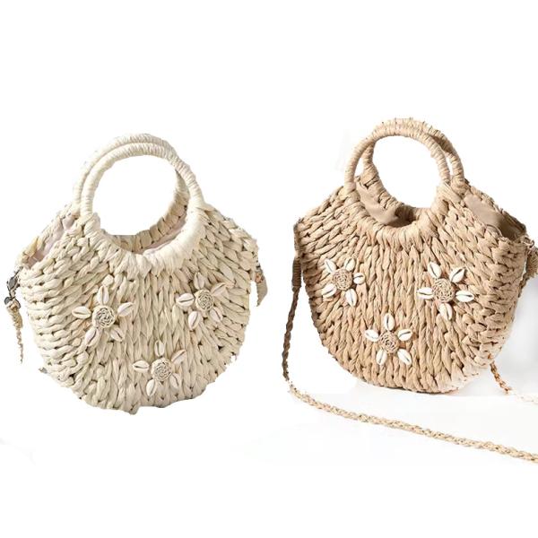 Corn Skin Woven Crochet Hand Bag , Woven Beach Bag Shell Flower Decorative ODM