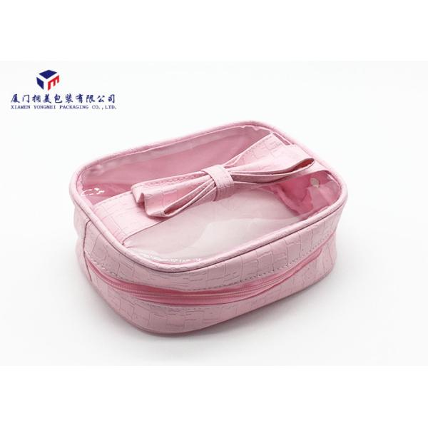 Embossed Pink PU Leather Bag Super Clear Soft PVC Window Leather Cosmetic Bag
