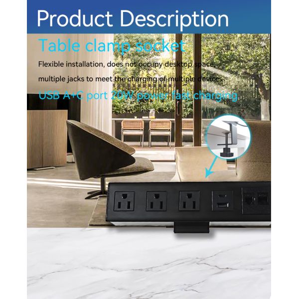 Multifunctional Desk Clamp Power Outlet Center USB C PD20W