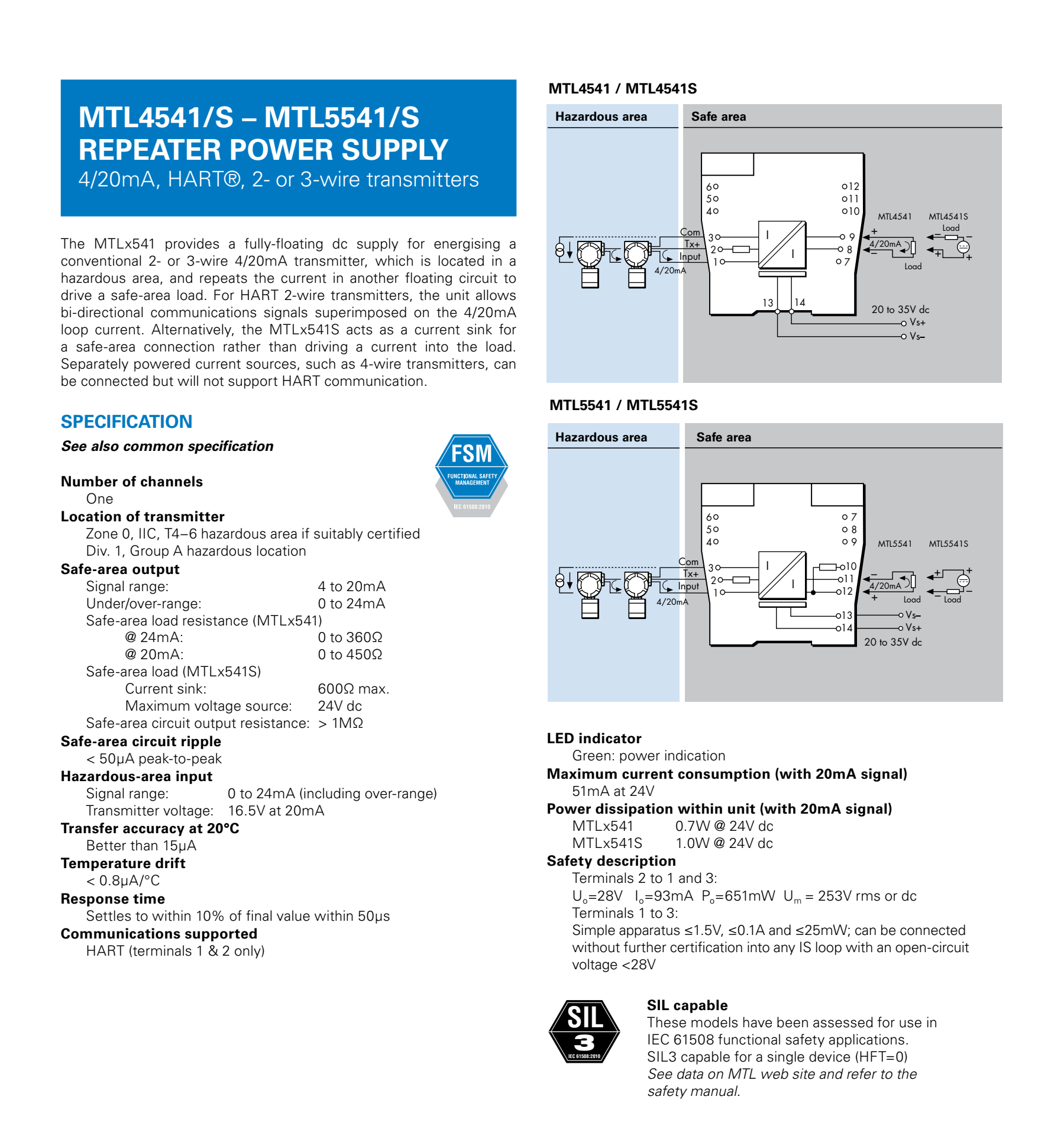 MTL5541S MTL Intrinsically Safe Barriers MTL5500 Repeater Power Supply