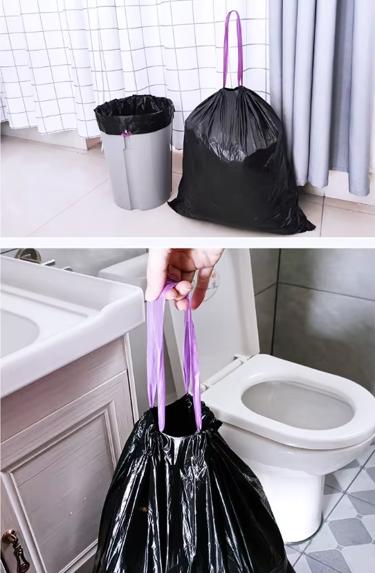 Customized eco-friendly black recyclable garbage bags, heavy-duty plastic drawstring bags with gravure printing custom logos