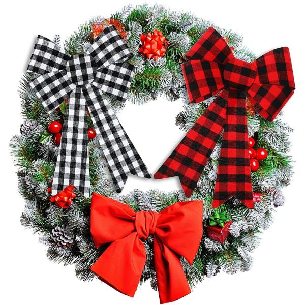 Large PVC Plastic Bow Christmas Wreath Bow for Xmas Decoration in Buffalo Plaid Check