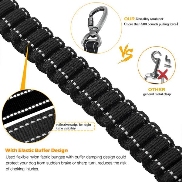 Heavy Duty 4-6FT Bungee Dog Paracord Leash Durable Car Seat Belt Walking Running Training Pet Leash with Zinc Alloy Carabiner
