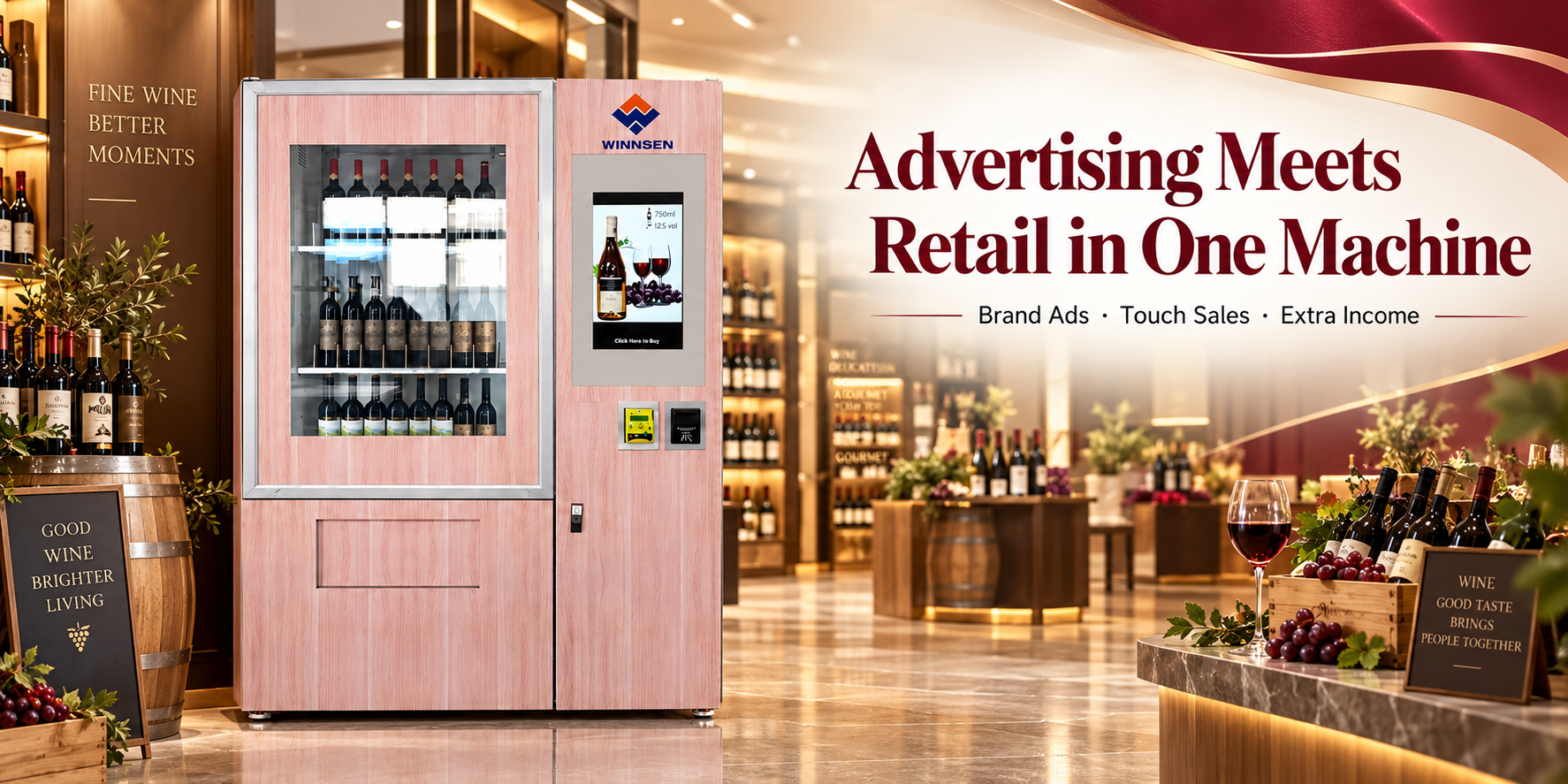 Winnsen Refrigerated Wine Vending Machine Dual Screen 32 Inch Advertising and Touch Operation