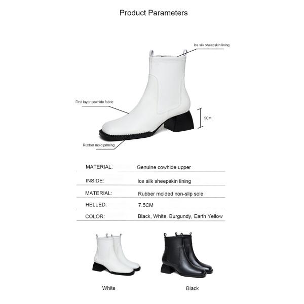 Customized Women Heeled Shoes Black Square Chunky Heel Leather Boots Round Toe