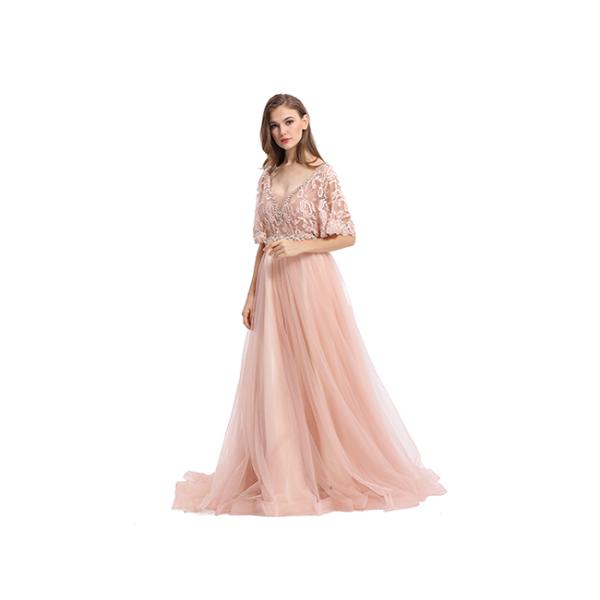 Three Quarter Arabic Evening Dresses , Embroidery Tulle Fabric Ladies Prom Dress