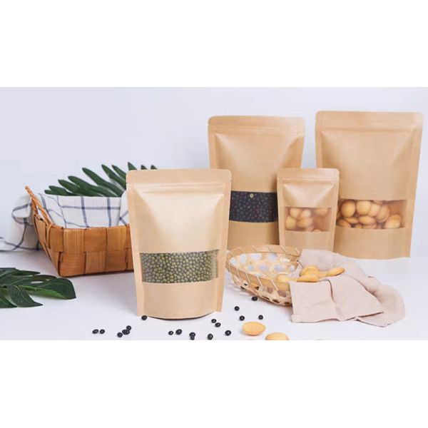Stand Up Brown Kraft Resealable Paper Pouches For Food Packaging