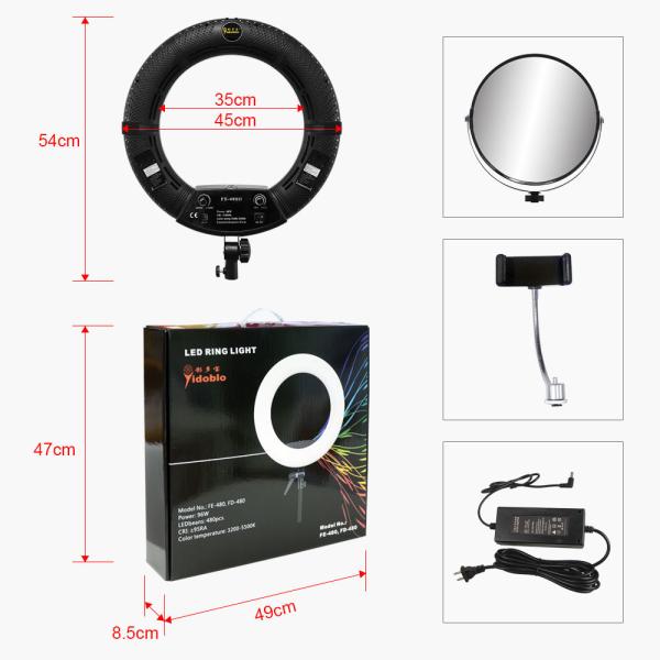Yidoblo 48W LED Rotating Ring Fill Light Rechargeable 18 Inch Selfie Ringlight With Phone Holder Tripod Stand Remote Control